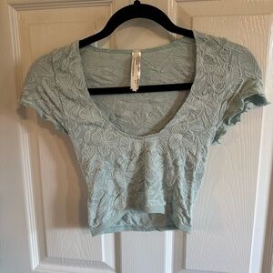 Anthropologie Floral Embroidered Crop Top - Light Blue